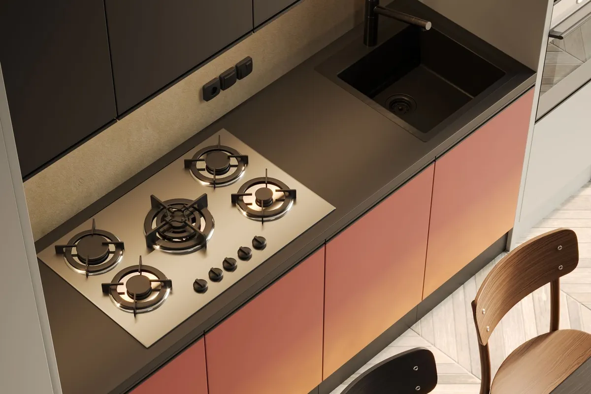Stainless steel gas hob built into a modern kitchen run, connected and certified to SANS 10087
